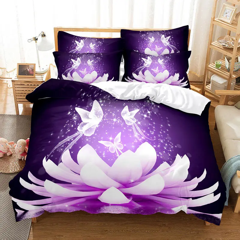 

3D Purple Theme Duvet Cover Comforter Lavender Butterfly Flower Animal Double Full King Queen Size Women Children Bedroom Decor