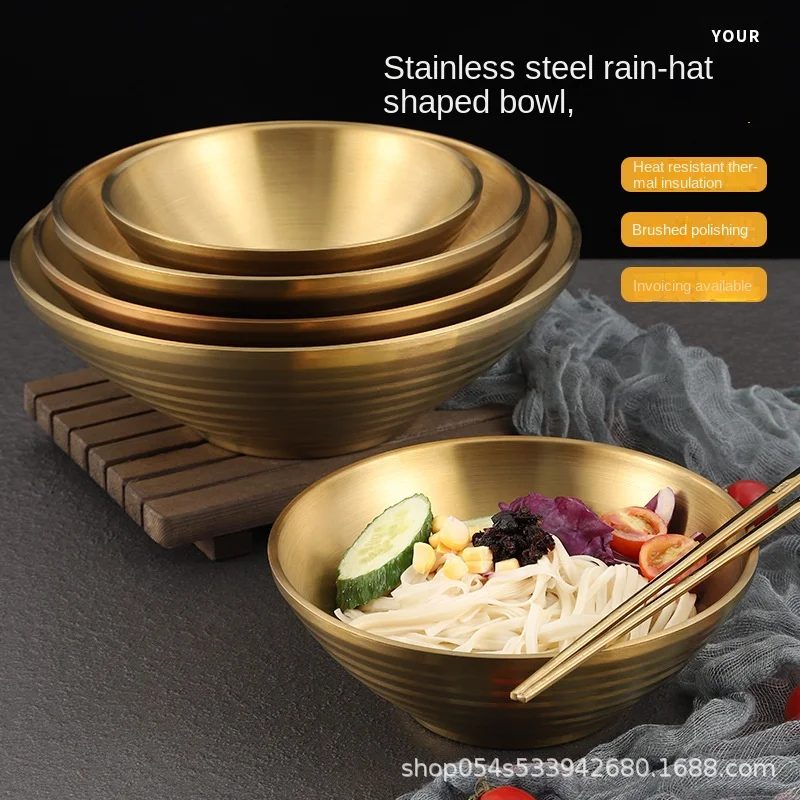 

Wholesale of gold noodles, 304 stainless steel bowl, creative bamboo hat, thermal insulation, snail powder, Japanese ramen bowl