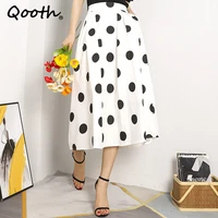 qooth women summer mid length high waist polka dot a line skirt elegant vintage retro fashion pleated skirt qt1833