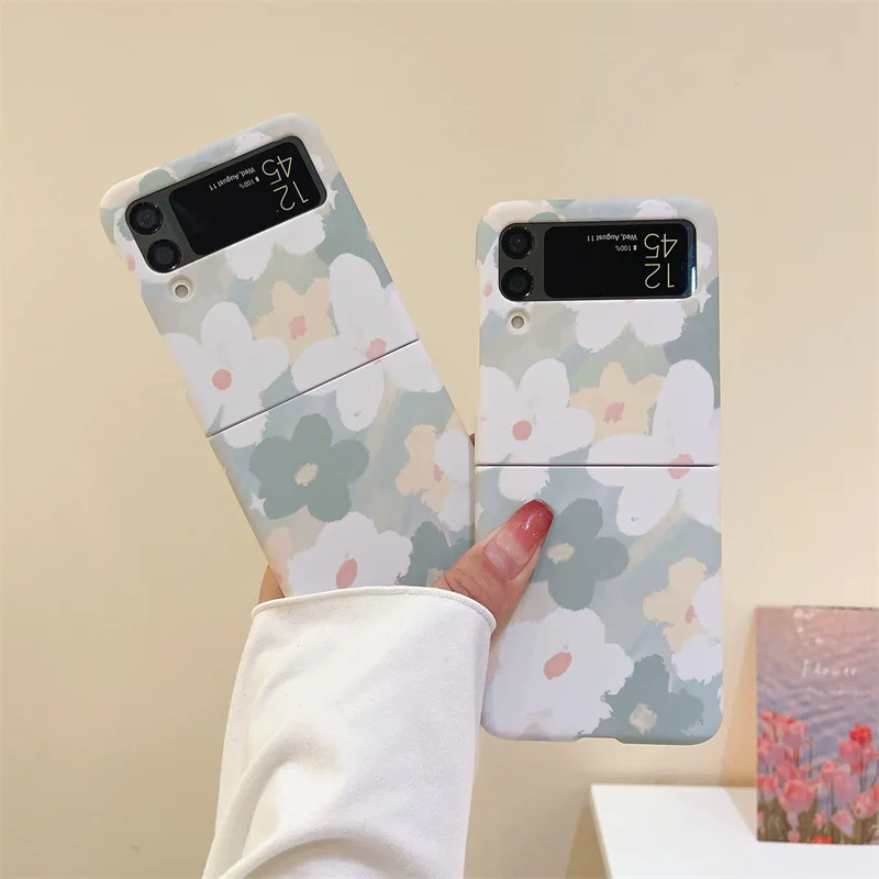 

Fresh Full Screen Green Flowers Phone Case for Samsung Galaxy Z Flip 3 Z Flip 4 Hard PC Back Cover for ZFlip3 ZFlip4 Case Shell
