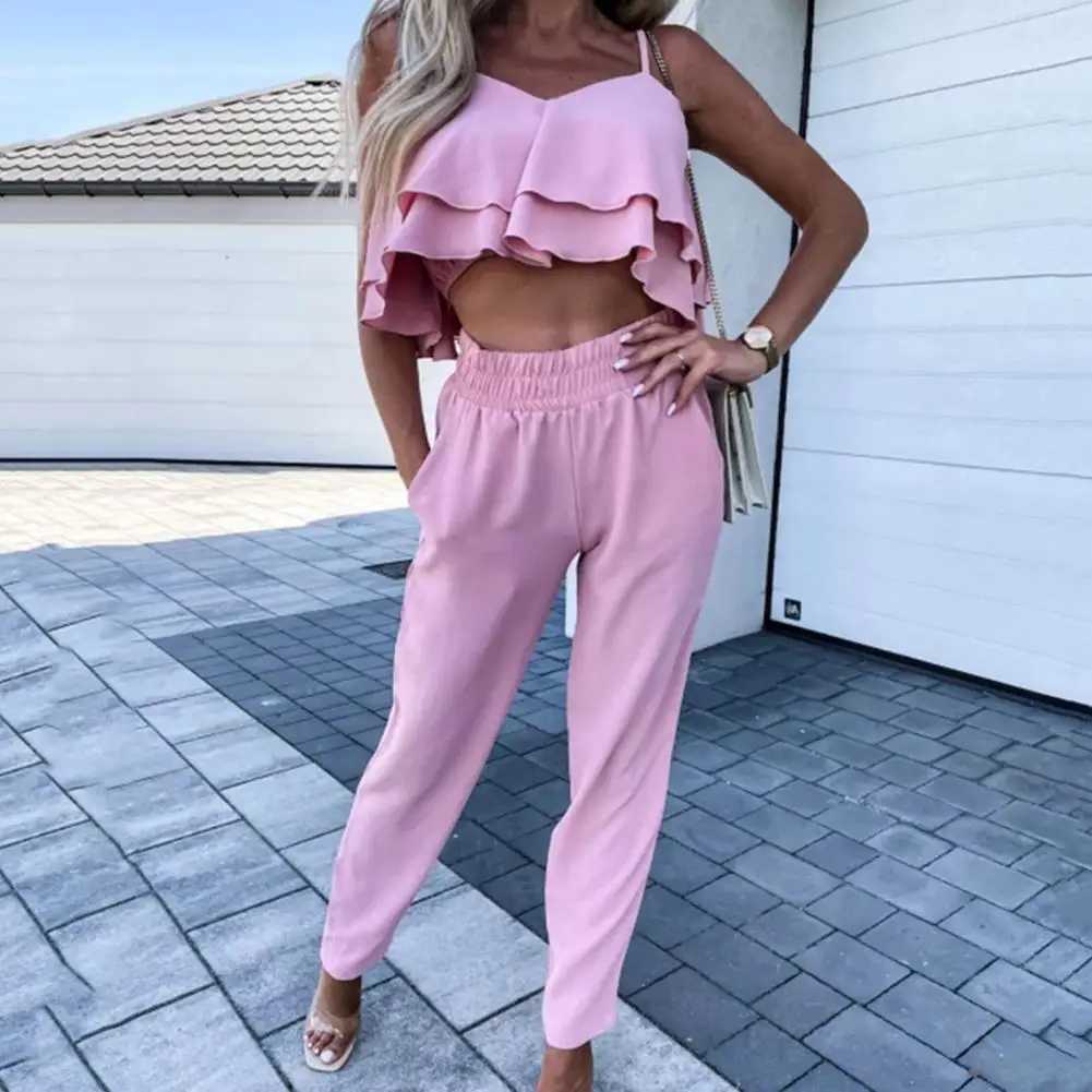 

2 Pcs/Set Women Tops Pants Set Spaghetti Strap Short Top Flounced Edge Soft Fabric Ruffle Lady Vest Trousers Set Female Clothes