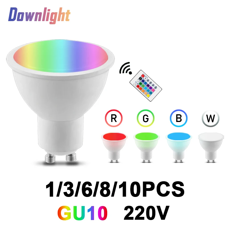 

1-10PCS Infrared automatic remote control LED dimming spotlight RGBW GU10 AC120V 220V 6W 24 key remote control color light 6500K