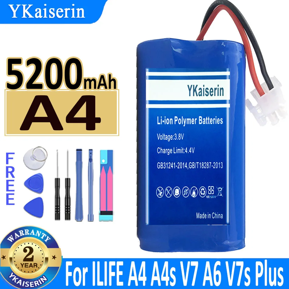 

YKaiserin A 4 5200mAh For ILIFE A4 A4s V7 A6 V7s Plus V7sPlus Robot Vacuum Cleaner ILife 4S 1P Full Capacity Replacement Battery