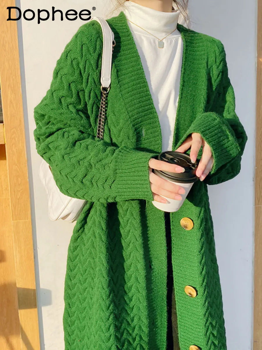 

2022 Autumn Winter Green Thicken Warm Long Sweater Coat Idle Style Twist Knitted Cardigan for Women Overknee Sweater Trench Coat