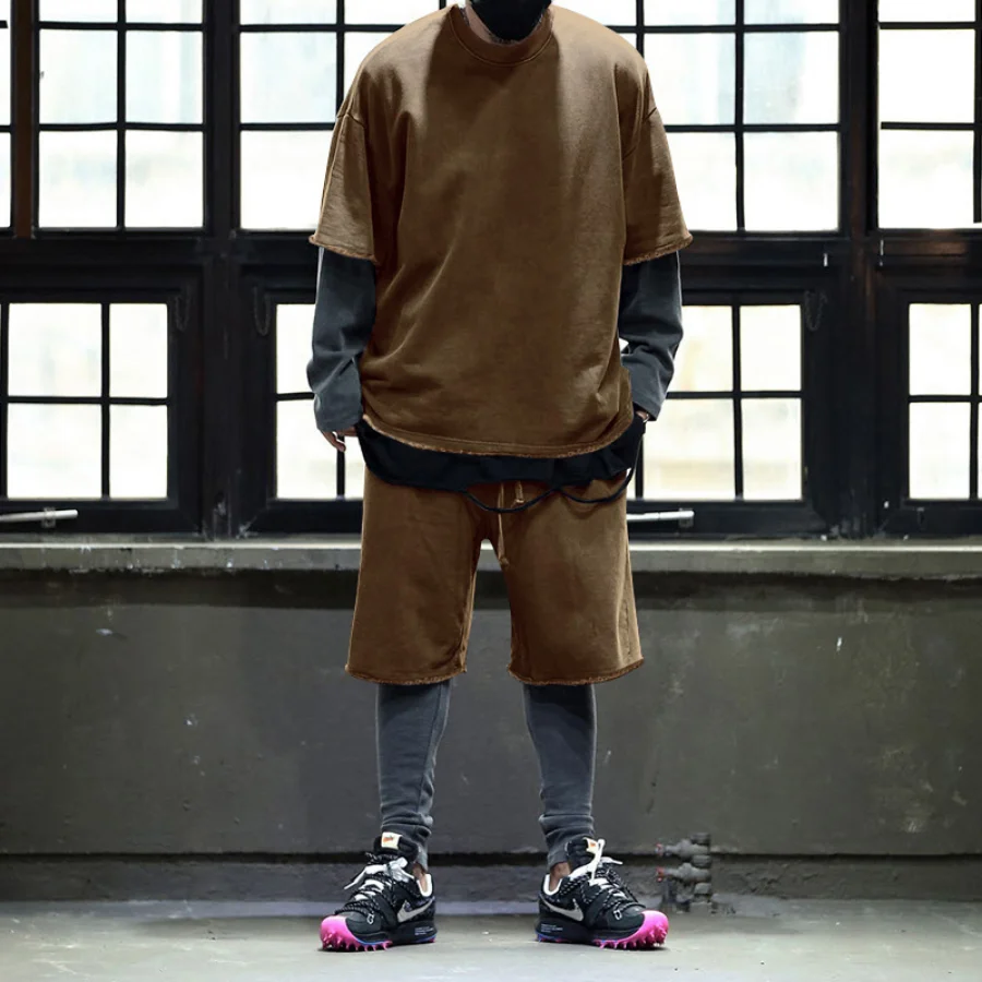 Men's Summer Simple Tracksuit Sets  Cotton Short Sets O-neck Loose Men Outfit Set  Casual Sports Kit Male Clothing 2 Piece Set