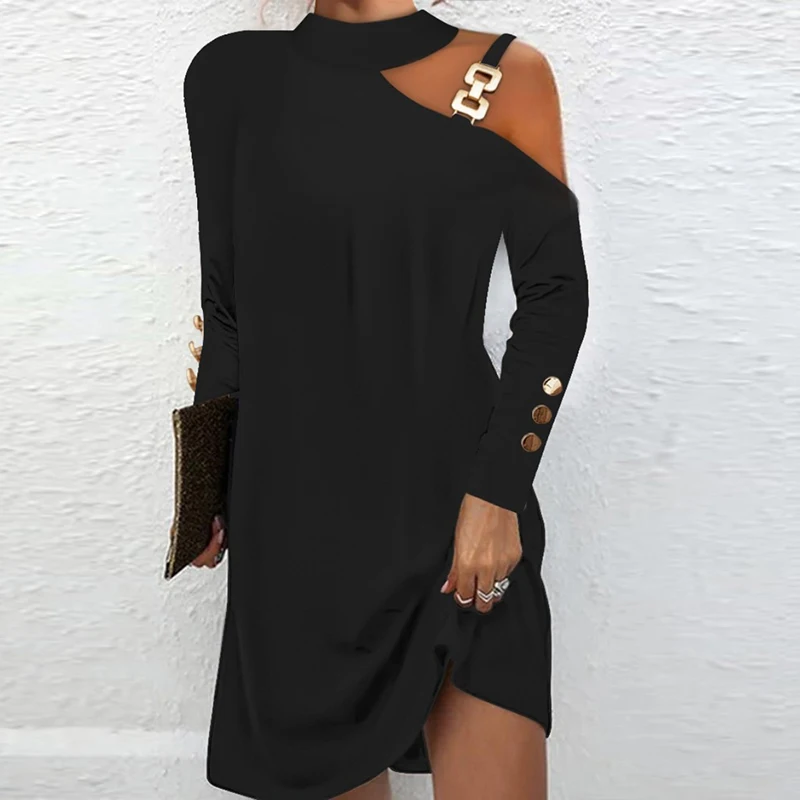 

Women's Casual Halter Long Sleeve A-line Dress Office Lady Elegant Party Dress Autumn New Simple Metal Button Off Shoulder Dress