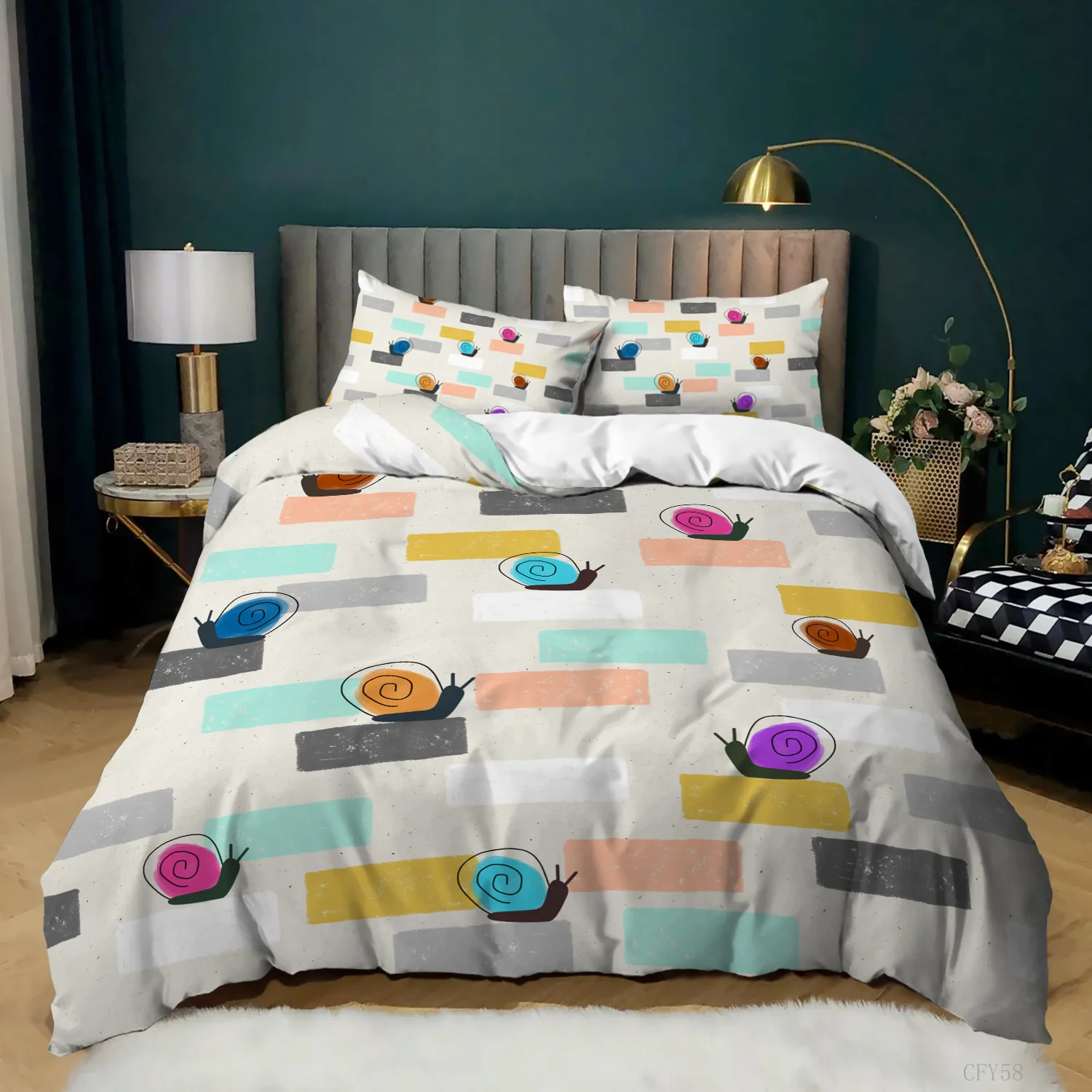 

Snails Duvet Cover Set Cartoon Animals Theme Cute Pattern Polyester Comforter Cover King Queen Size for Kids Boys Girls Kawaii
