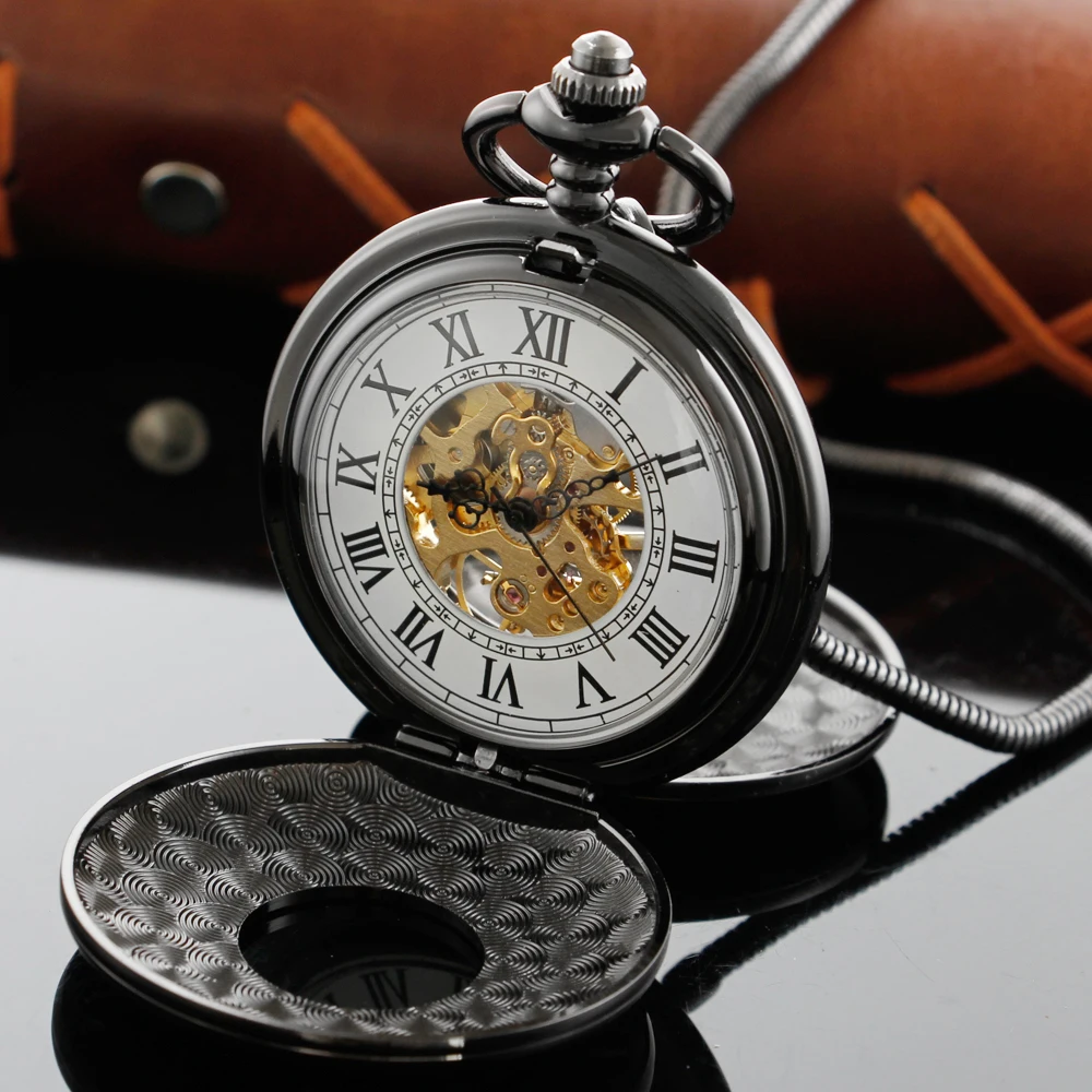 Double Sided Opening Black Steampunk Roman Mechanical Pocket Watch Retro Gentleman Analog Signal Clock Lady Jewelry Gift