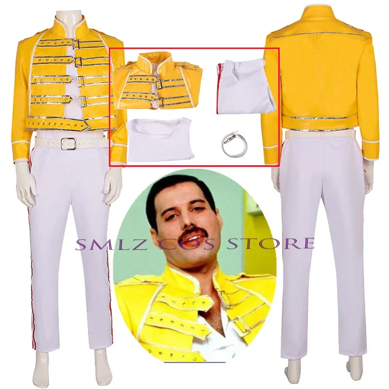 Cos Freddie Mercury Косплей Aniem Queen Lead Vocals Костюм Желтое пальто Униформа Хэллоуин