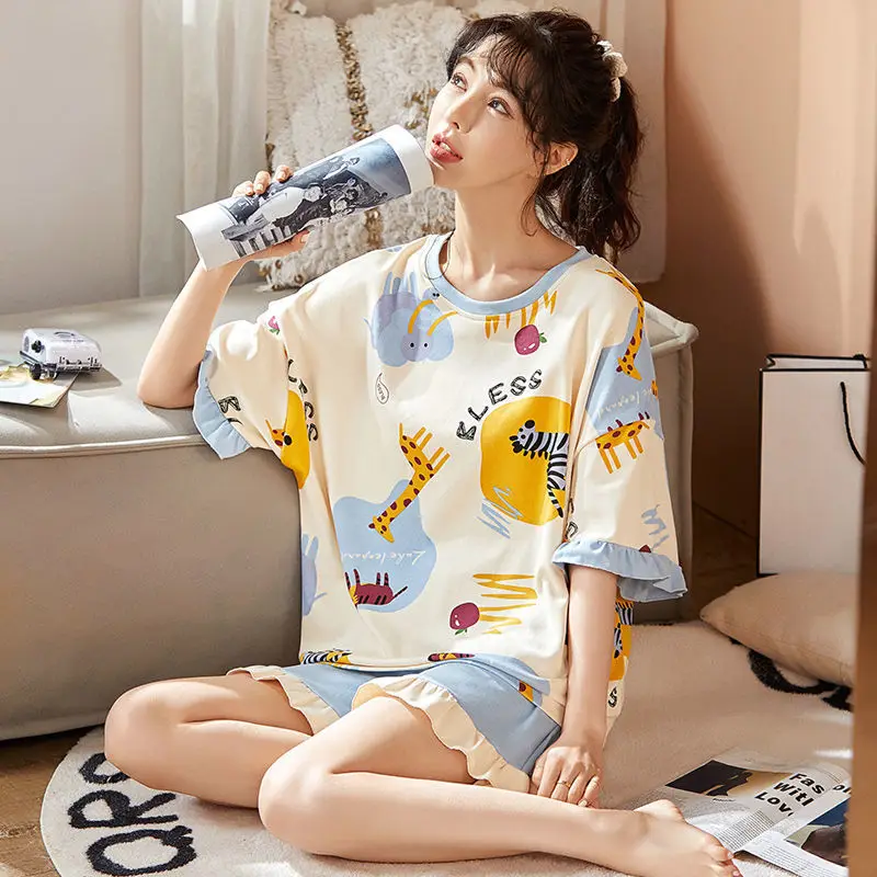 Fashion Yellow Bear Cartoon Sleepwear for Girls Summer Cotton Teens Loungewear Strip Pajamas Set for Women Kawaii Home Clothes