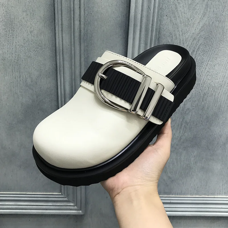 

Туфли женские с закрытым носком, кожаные лоферы, высокий каблук, платформа, мюли, танкетка, летняя модель 2023