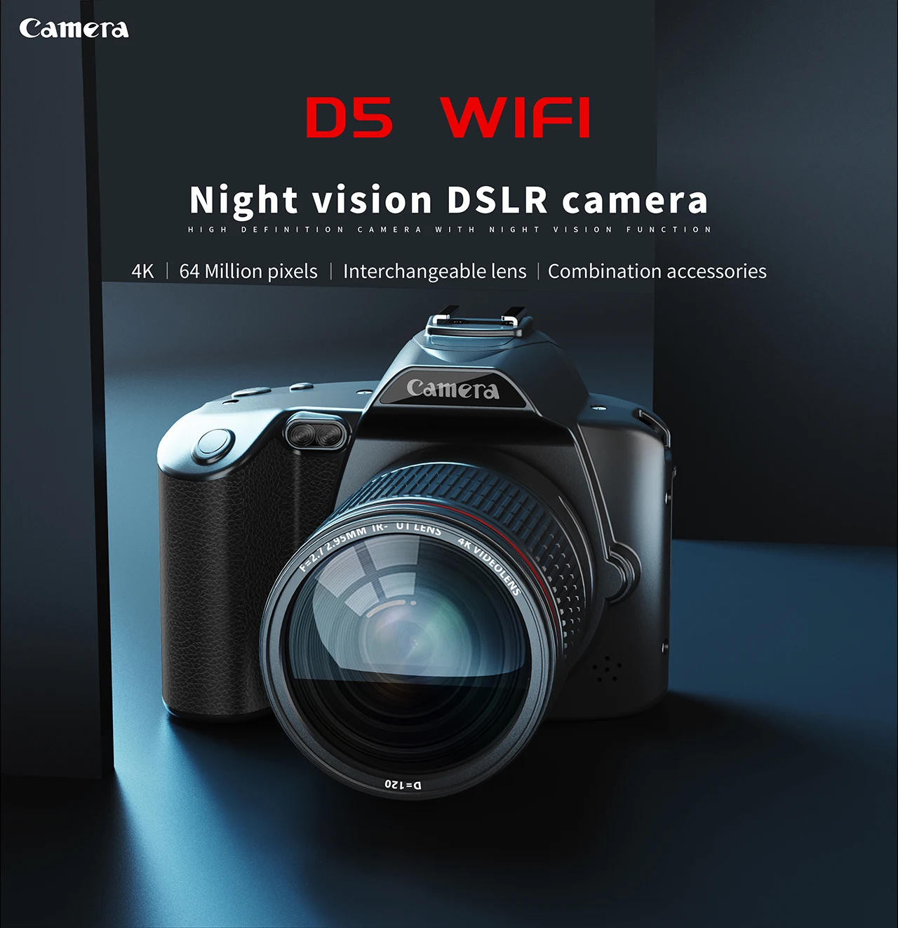 

2023 новый продукт D5 4K двойная камера высокое разрешение 64 миллиона пикселей Wi-Fi DSLR камера красота Цифровая видеокамера камера ночного видения