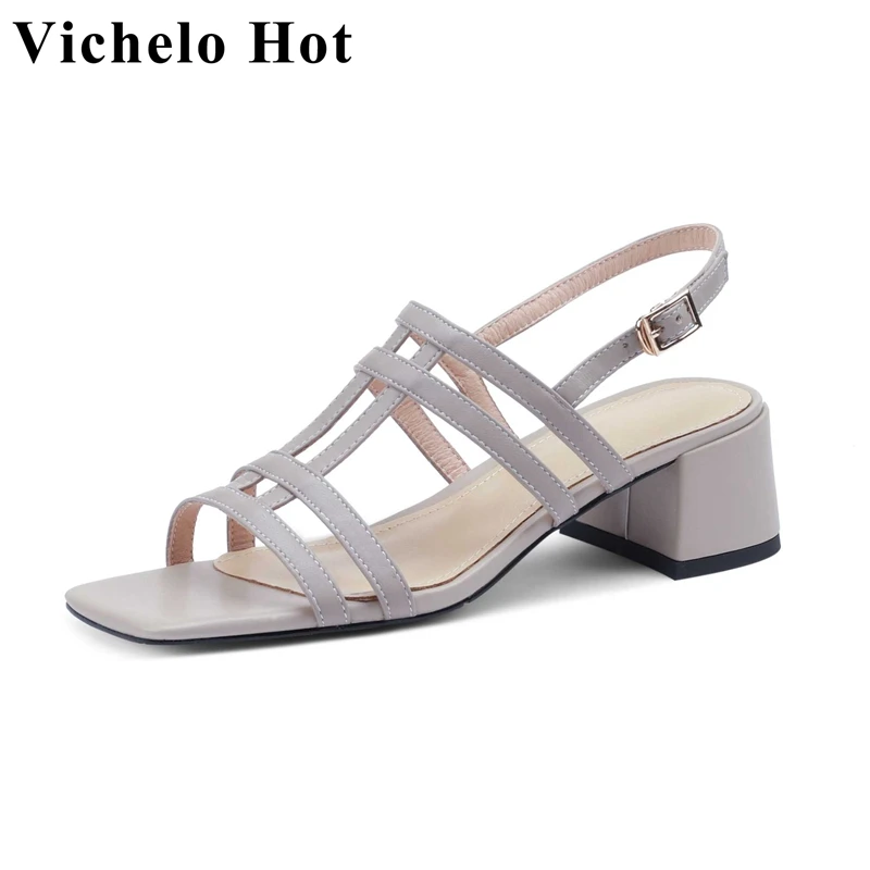 

Vichelo Hot 2022 Summer New Genuine Leather Peep Toe High Heel Narrow Band Young Lady Daily Wear Buckle Strap Women Sandals L06