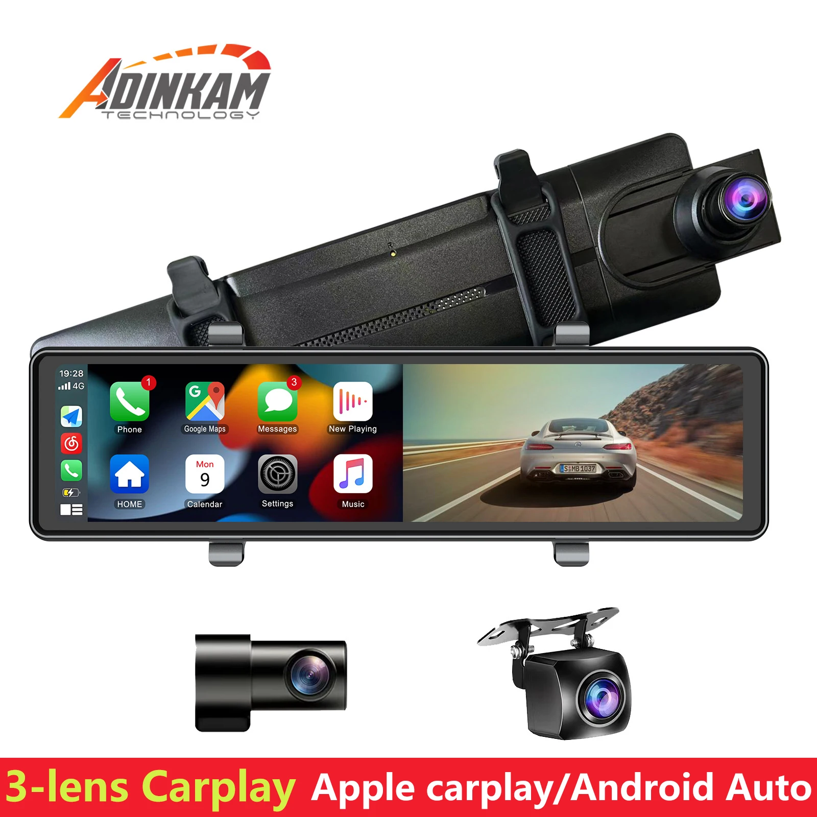 

ADINKAM Three-lens Carplay Wireless Cell Phone Cast Screen Interconnection Navigation Streaming Media Rearview Mirror Car DVR