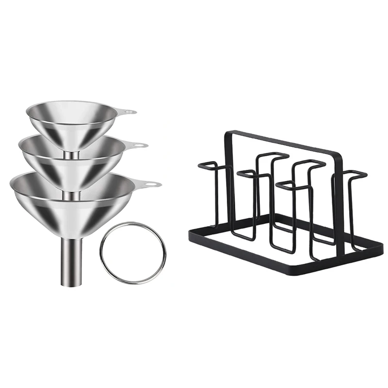 

1x 6 Glass Cups Stand Holder Drying Shelf Kitchen Water Cup Rack & 3 Pack Stainless Steel Funnels Set