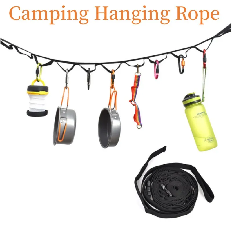 

Camping Hanging Rope Campsite Storage Strap Camping Lanyard Rope Clothesline With 19 Hooks Camp Gear Equipment Outdoor Accessori