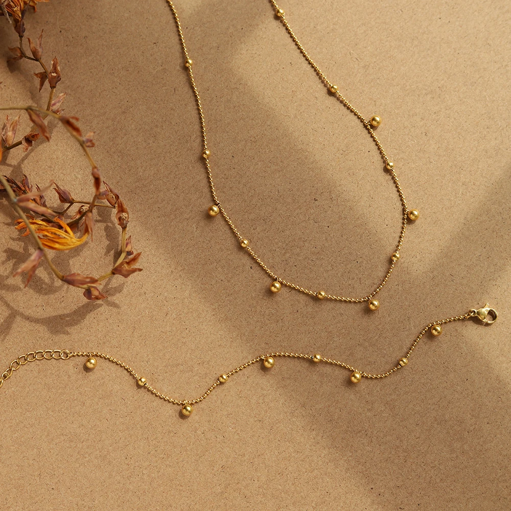 

MODAGIRL Necklace and Bracelet Beaded Chain Plated Gold 18K Stainless Steel Boho Chic Adornment Jewelry Set Women's Gift