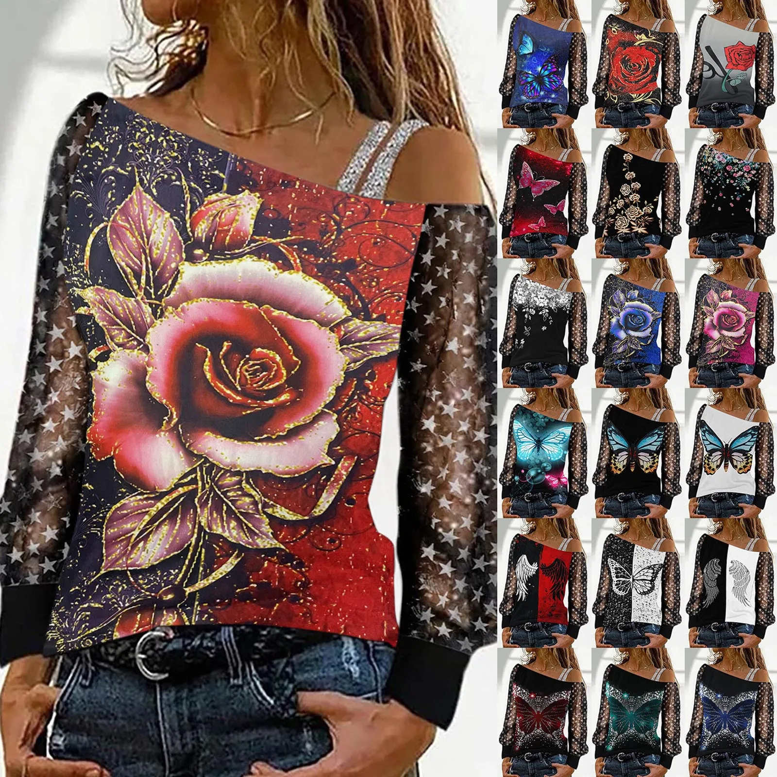 

Cold Shoulder Tops For Women Fashion Ladies Sexy Casual Printed Single White Women Tee Shirt Womens White Tee Shirts