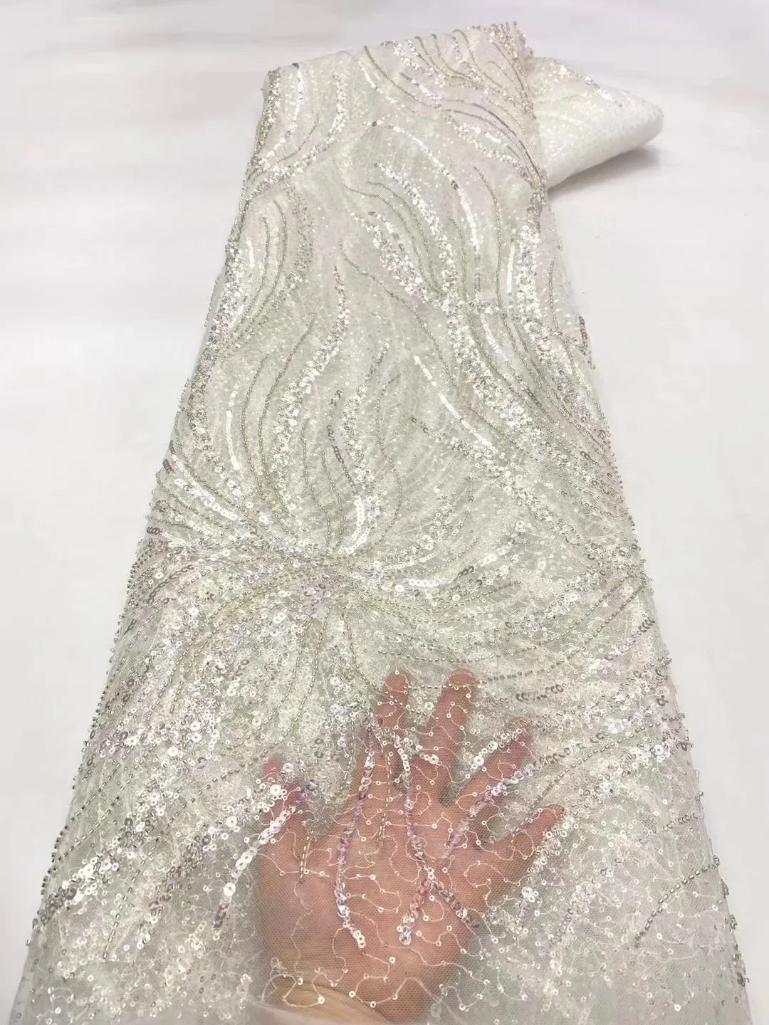

Embroidery Handmade Beads Lace Fabric Luxury Pure White Beaded Lace Fabric African Lace Fabric for Wedding Party Sewing
