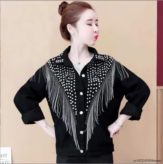 

Chic Street Jeans Jacket Korean Casual Pearl Beading Short Denim Jackets Summer Lapel Button Blue Cropped Denim Coat