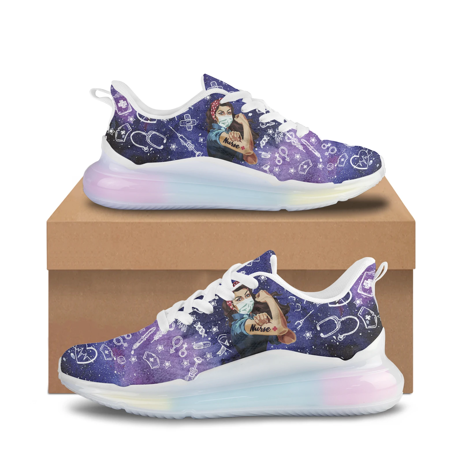 

Fashion Star Nurse Print Lightweight Breathable Air Cushion Shoes Rainbow Gradient Color Thick Bottom Lightweight Sneakers