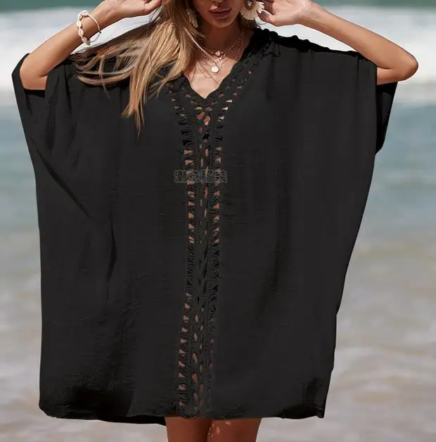 Женская пляжная накидка сплошной цвет вязаный крючком с вырезом свободный