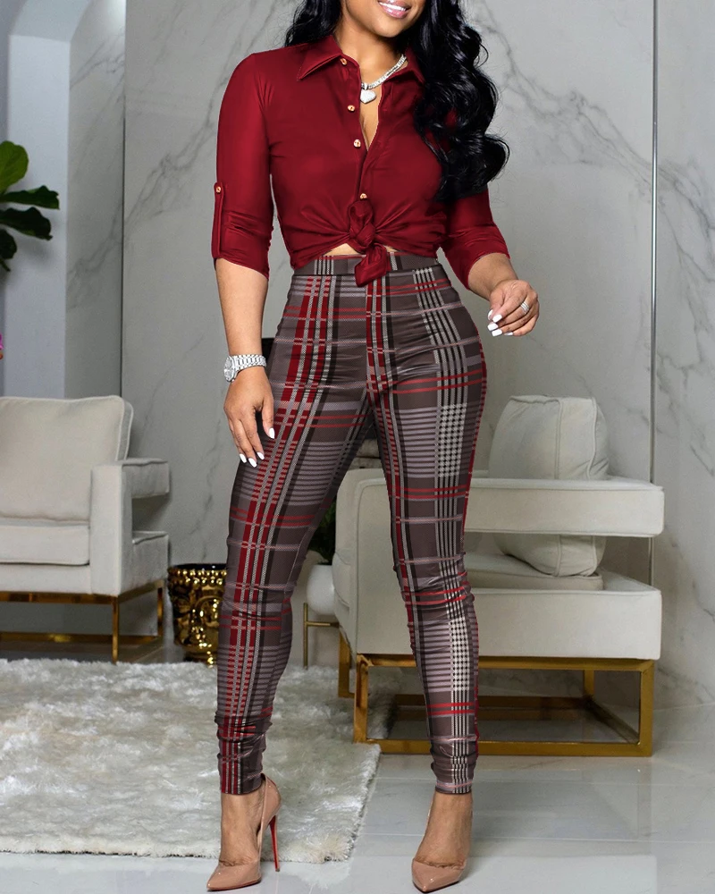 

2022 Femme Autumn Woman 2 Pieces Plain Print Buttoned Shirt & Plaid Print Pants Set Knot Front Overalls Office Lady Outfit Traf