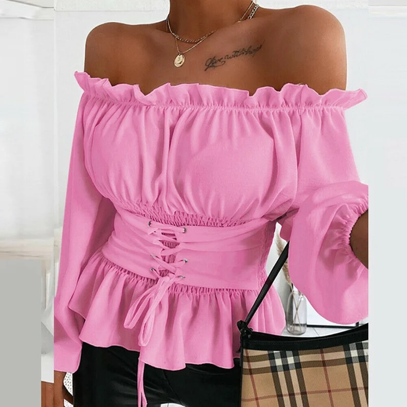 

Autumn 2021 Women'sSolid Color Off-shoulder Top Sexy Slash Neck Long-sleeved Lace Tight Waist Tie Corset Autumn Female T-shirt