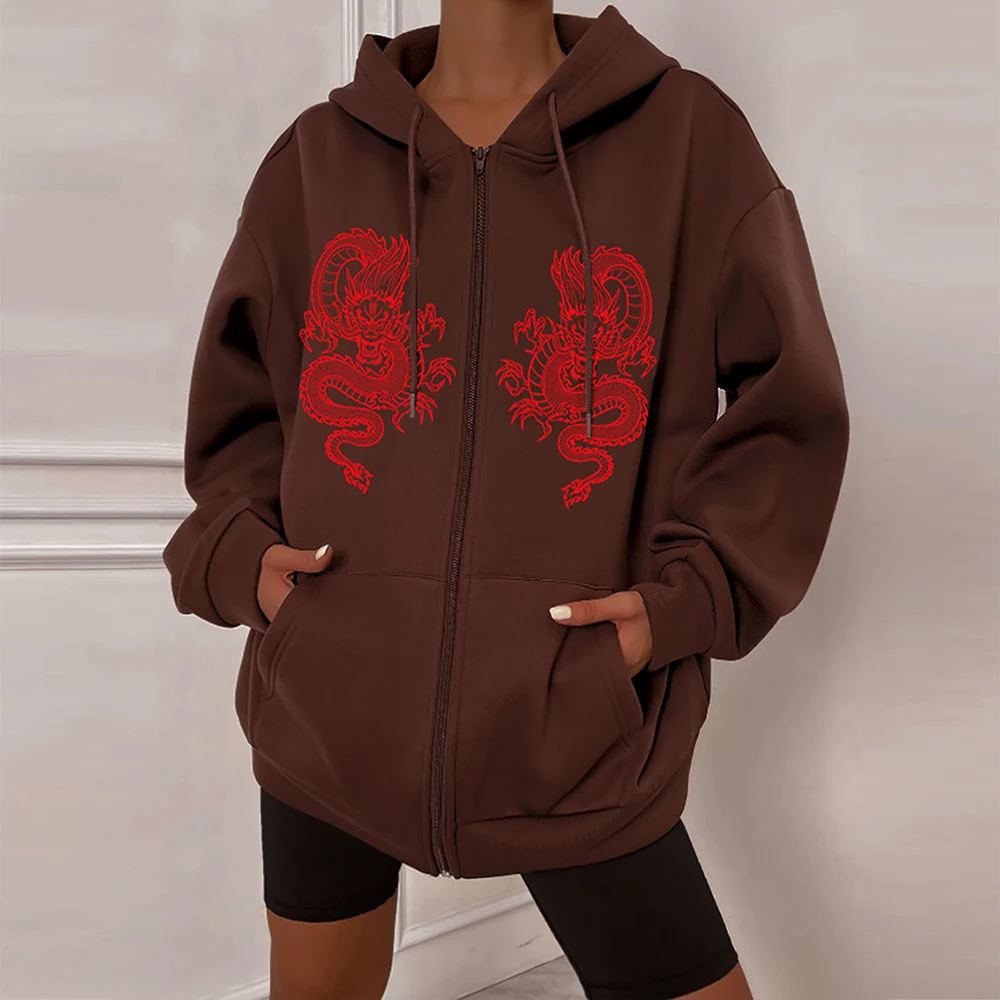 

Dragon Graphic Print Hoodie Streetwear Harajuku Y2K Fashion Hippie Zipper Sweatshirt Vintage Women's Long Sleeves Zip-up Hoody
