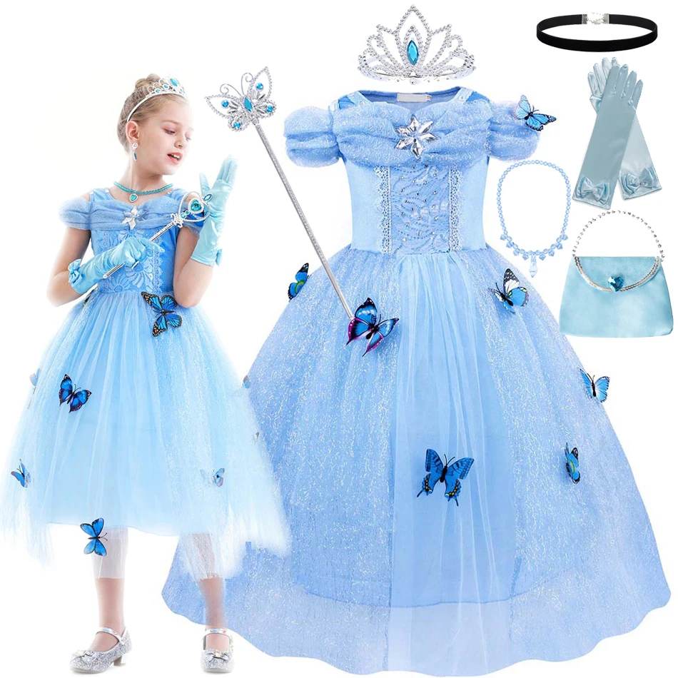 Vestido de Cenicienta con apliques de mariposa para niñas, vestido de princesa de lentejuelas sin hombros, disfraces de juego de rol de Anime para carnaval de Halloween