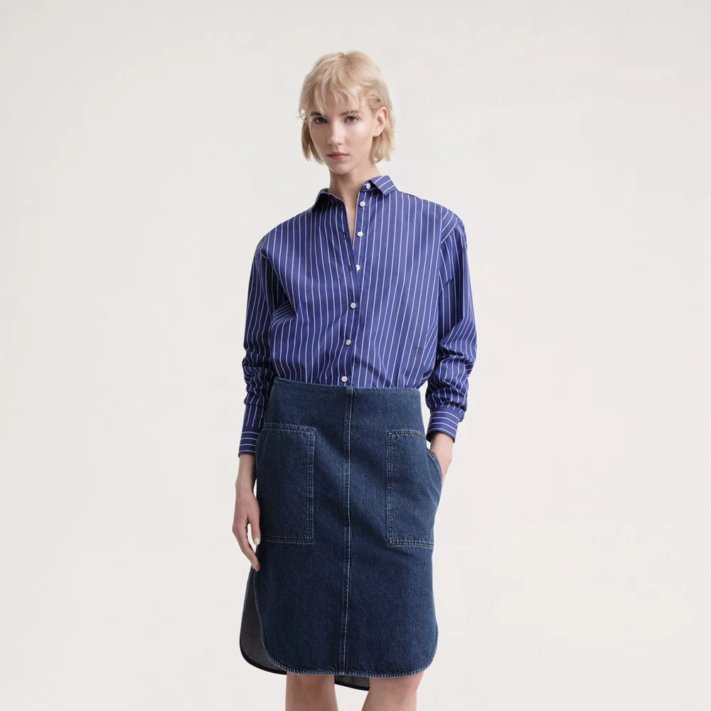 

TOTE Blue Embroidered Shirt Women 2023 Fall New Cotton Commuter Lapel Striped Single Breasted Long Sleeve Blouses Higher Quality