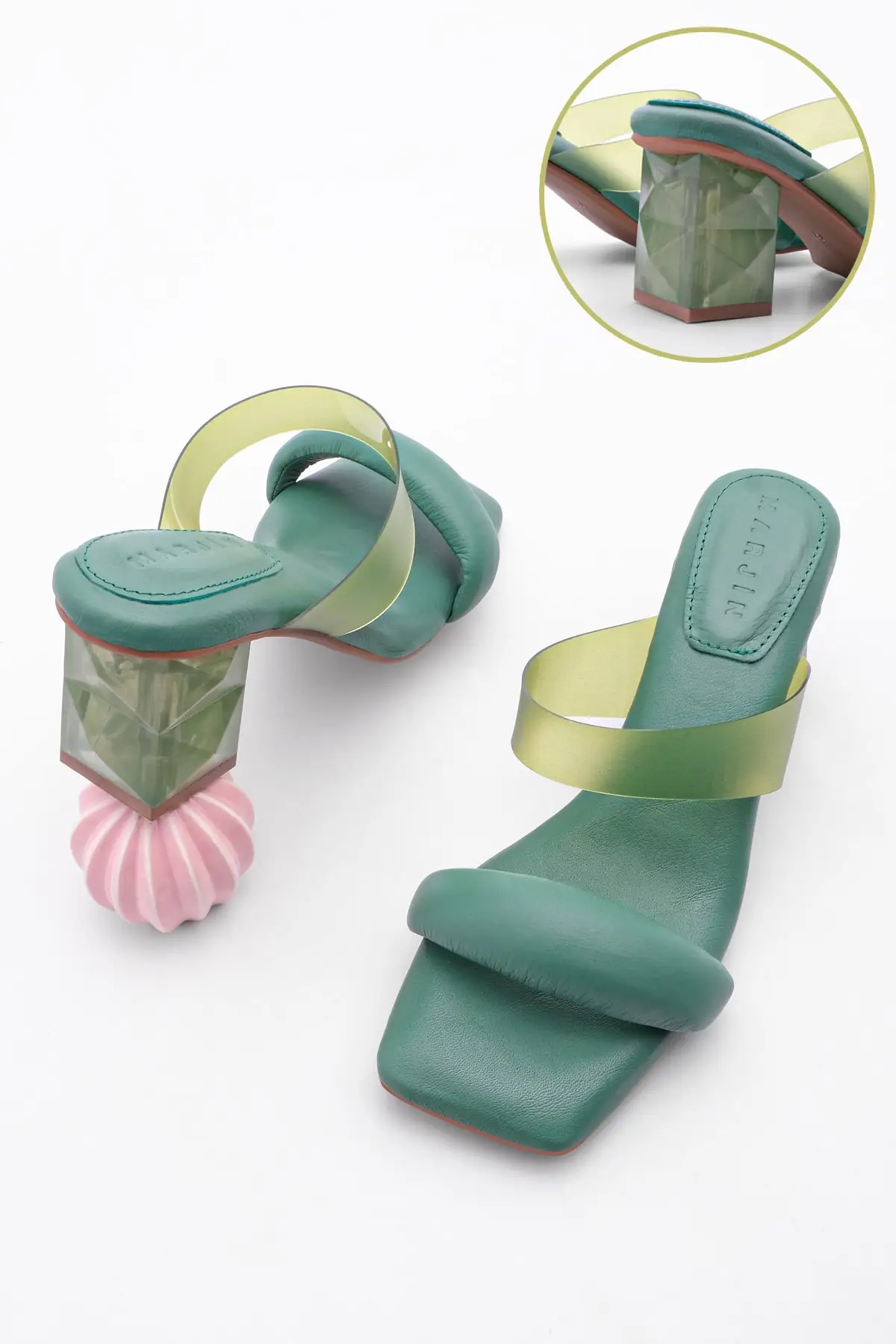

Women genuine leather Memory base transparent banded heels slippers Rolez green
