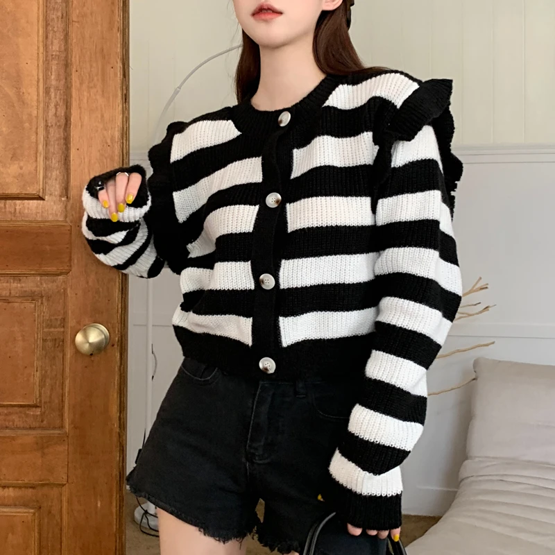 

Korean Sweet Girls Ruffled Long Sleeve Knit Cardigans Women Fashion Autumn Winter Long Sleeve Sweater Cardigan Female Sweaters