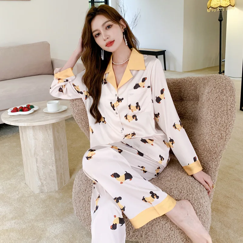 Ice Silk Pajamas Women's Spring Summer Thin Long Sleeves Trousers Internet Hot Two-Piece Suit 2023 New Large Size Loose Home Wea