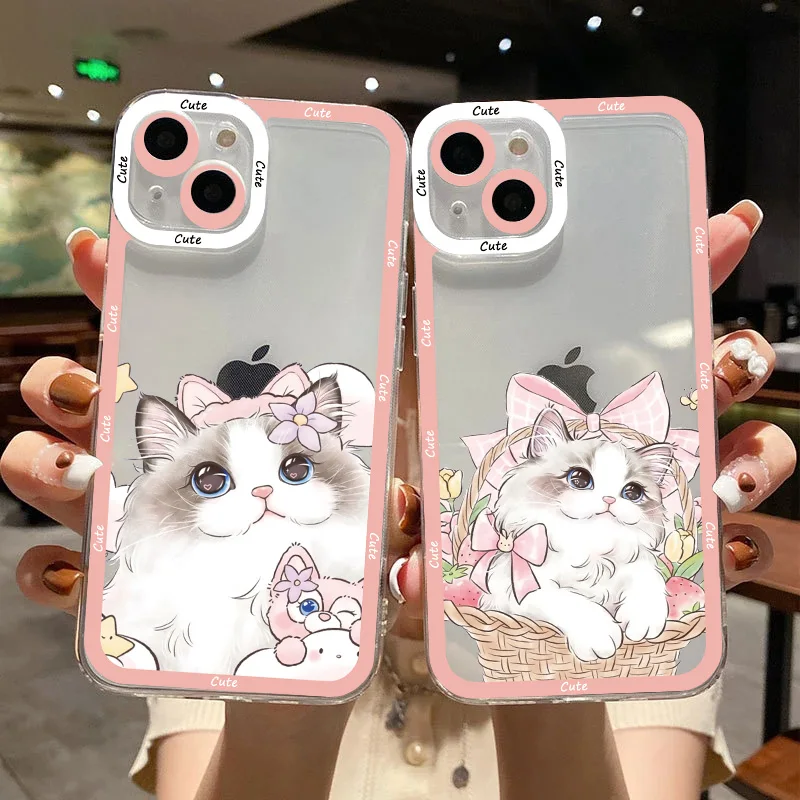 Cute Cat Animal Pattern Clear Case For iPhone 13 12 11 14 Pro Max Bow XR X XS Cat Transparent Covers For iPhone 7 8 Plus SE 2020