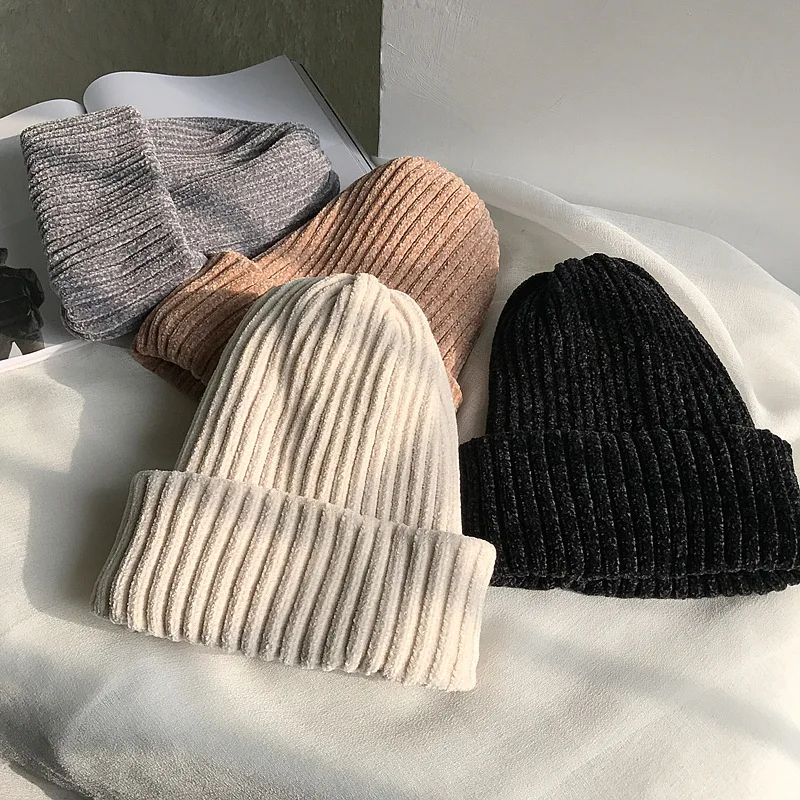 

New Winter Leisure Thicken Warm Skull Hat Korean Pure Color Chenille Knitted Cap Men's and Women's Beanie Casquette