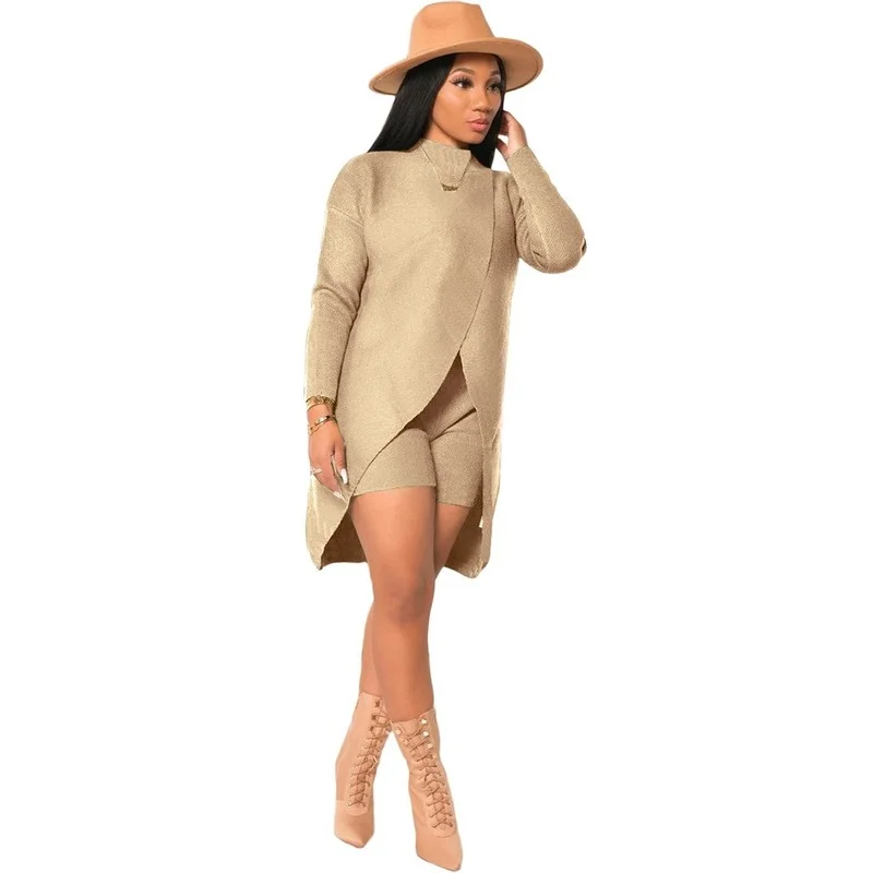 Women Two Piece Sets Front High Split Long Sleeve Loose Top High Waist Slim Shorts Autumn Winter Cashmere Sweater Warm Clothes