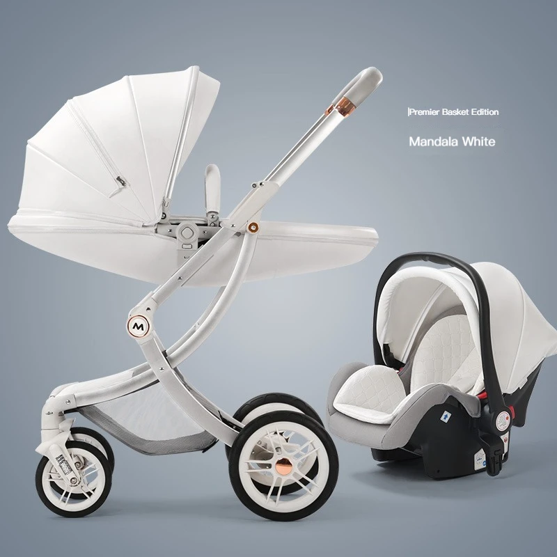 New Luxury Baby Stroller Can Sit and Lie Two-way Folding Stroller Newborn Baby Stroller White Eggshell PU Leather Baby Cariage enlarge