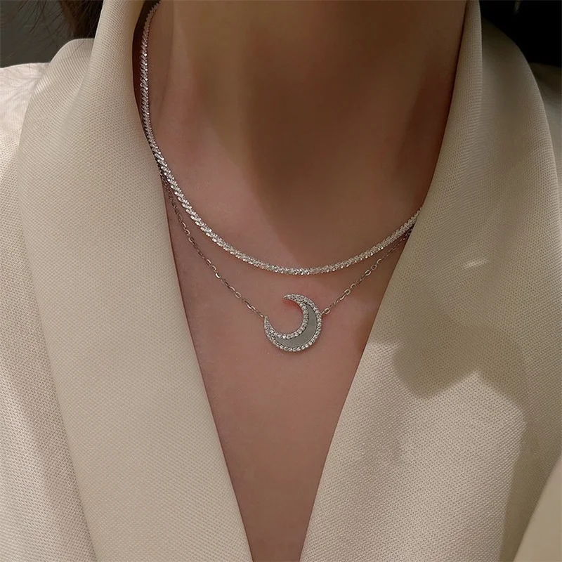 

Silver Shiny Moon Necklace Women's Exquisite Double-layer Pendant Chain Necklace Wedding Party Jewelry Gift