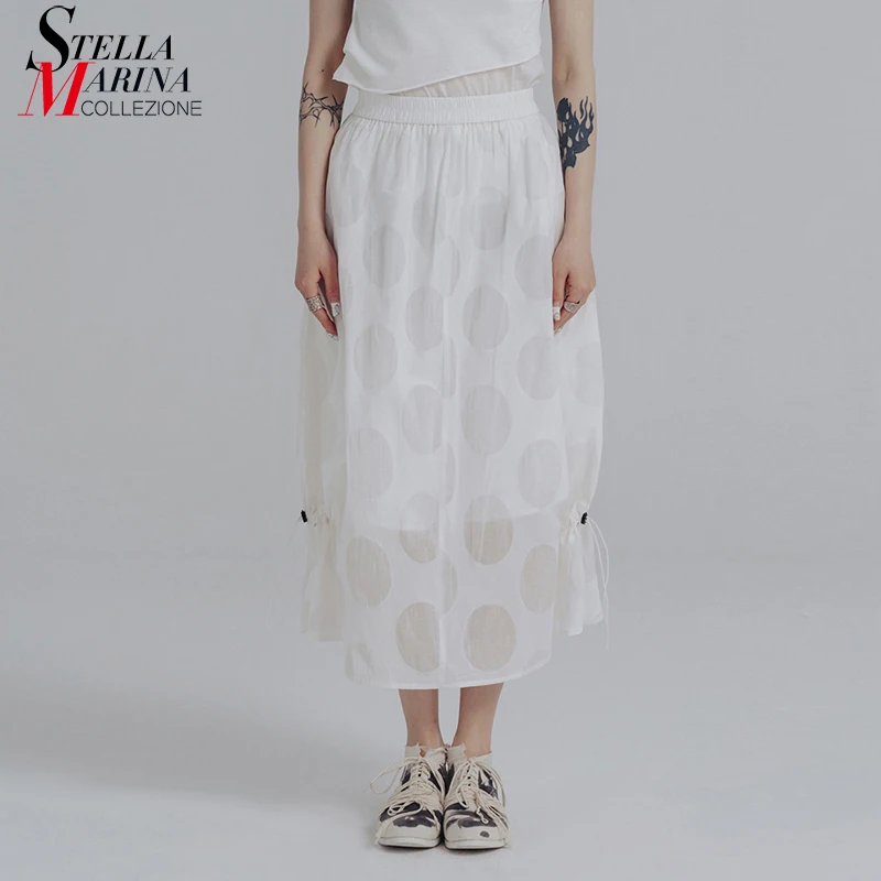 

Korean Style Woman 2022 Summer Long White Skirt Dots Printed Elastic Waist Casual Streetwear Girls Unique Holiday Skirt apw41