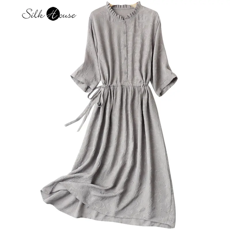 

2023 Women's Fashion New Wooden Ear Round Neck Silk Crown Wrinkle Mid Length Silkworm Style Party Dress