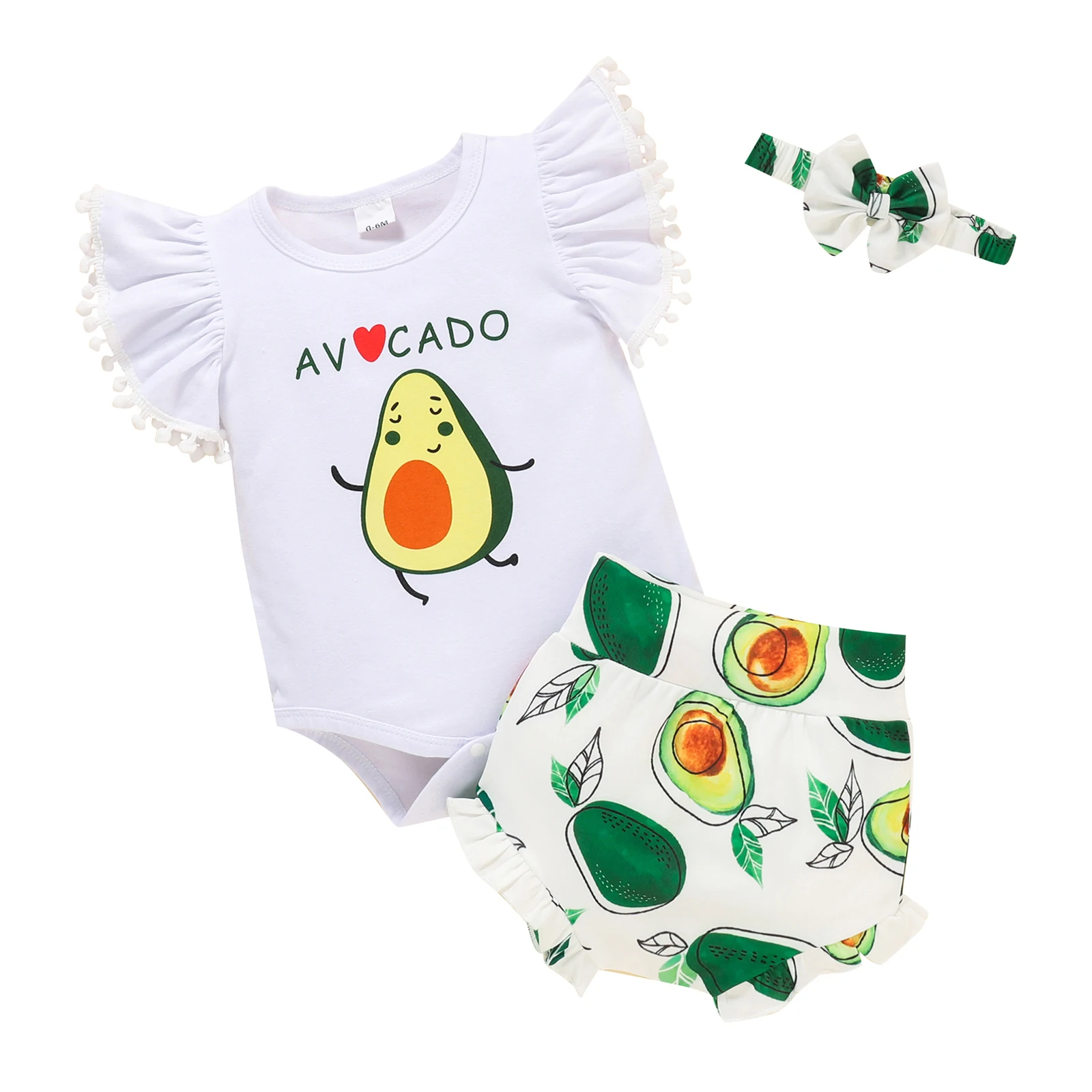 

Lioraitiin 0-24M Newborn Infant Baby Girls 3Pcs Summer Clothing Set Fly Sleeve Avocado Print Romper Shorts with Hairband