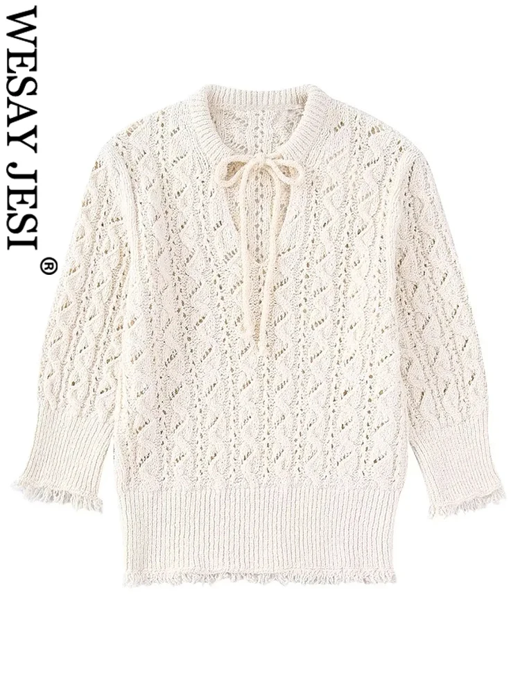 

Женский элегантный свитер WESAY JESI, бежевый вязаный пуловер с V-образным вырезом, с необработанными краями и элементами дизайна, свитер