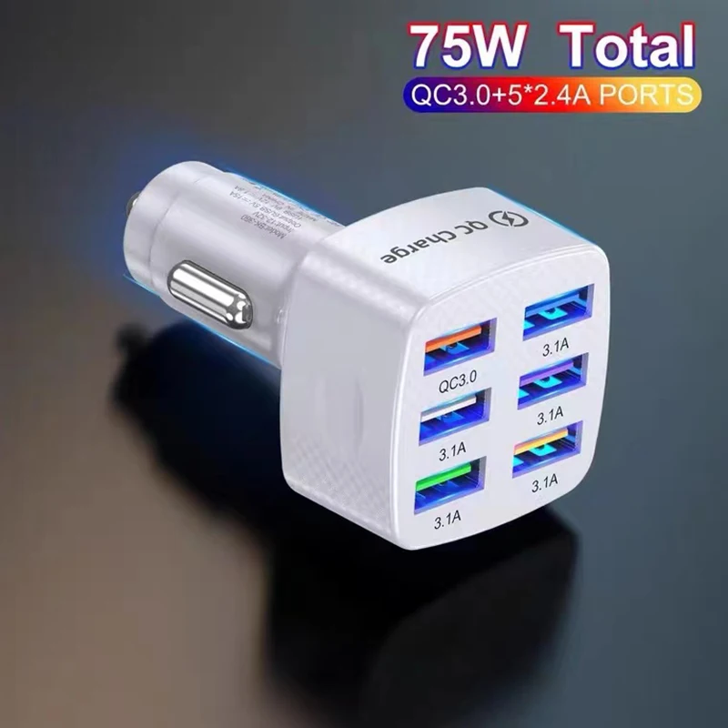

75W 6 Ports USB Car Charger 15A Super Fast Charge for IPhone 11 Xiaomi Huawei Samsung Mobile Phone QC 3.0 Car USB Charger