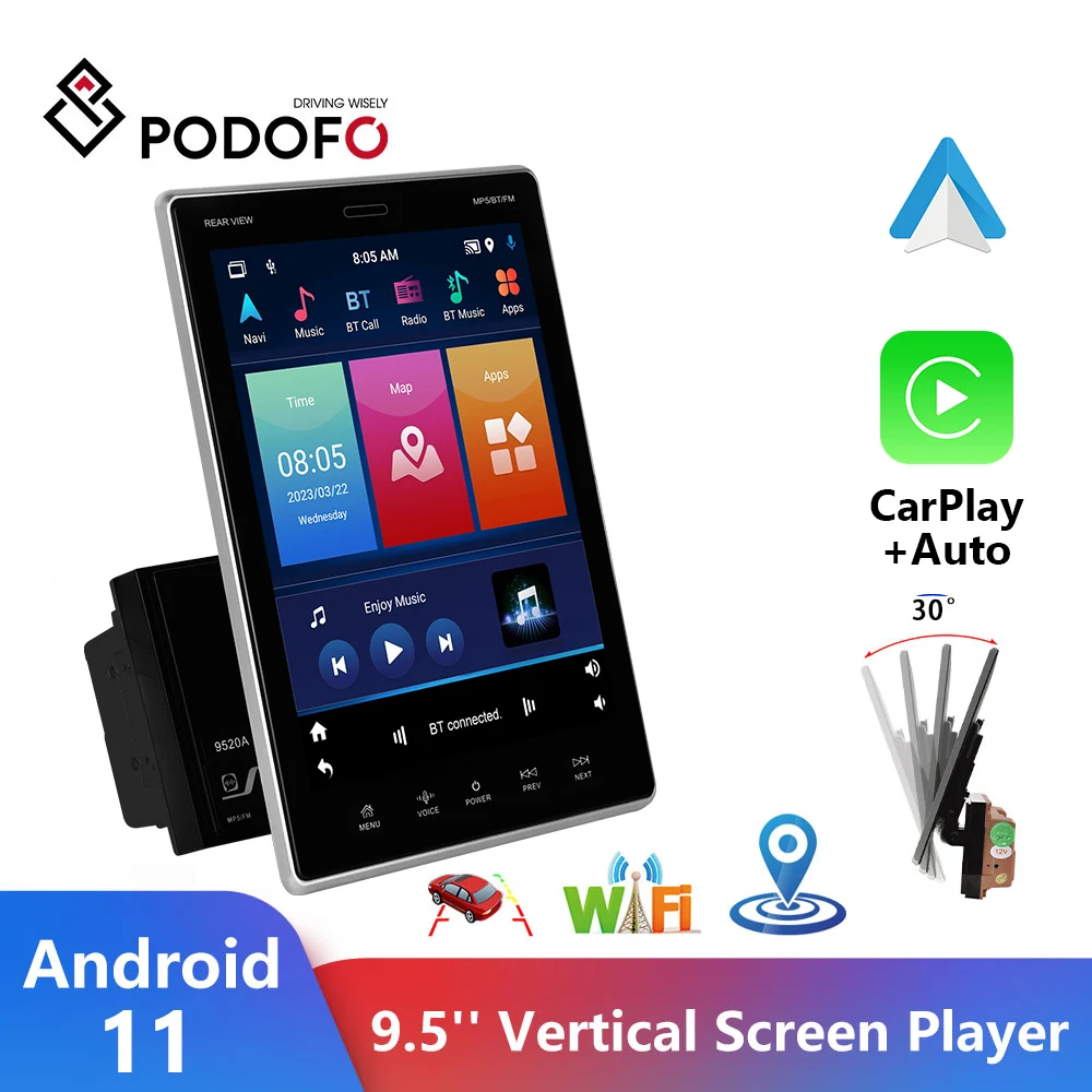 Podofo 2 Din Android 11 CarPlay Автомобильное радио 9.5'' Вертикальный экран аудио-стереосистемы для автомобилей в стиле Tesla Авторадио Мультимедийный видеоплеер