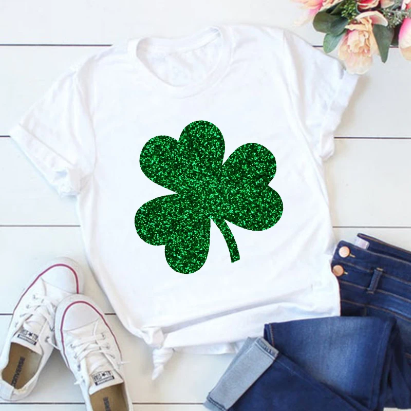 

Футболка Shamrock с изображением леопарда Женская, топ с графическим изображением клевера в честь Дня святого пикника, леопардовой расцветки, на удачу