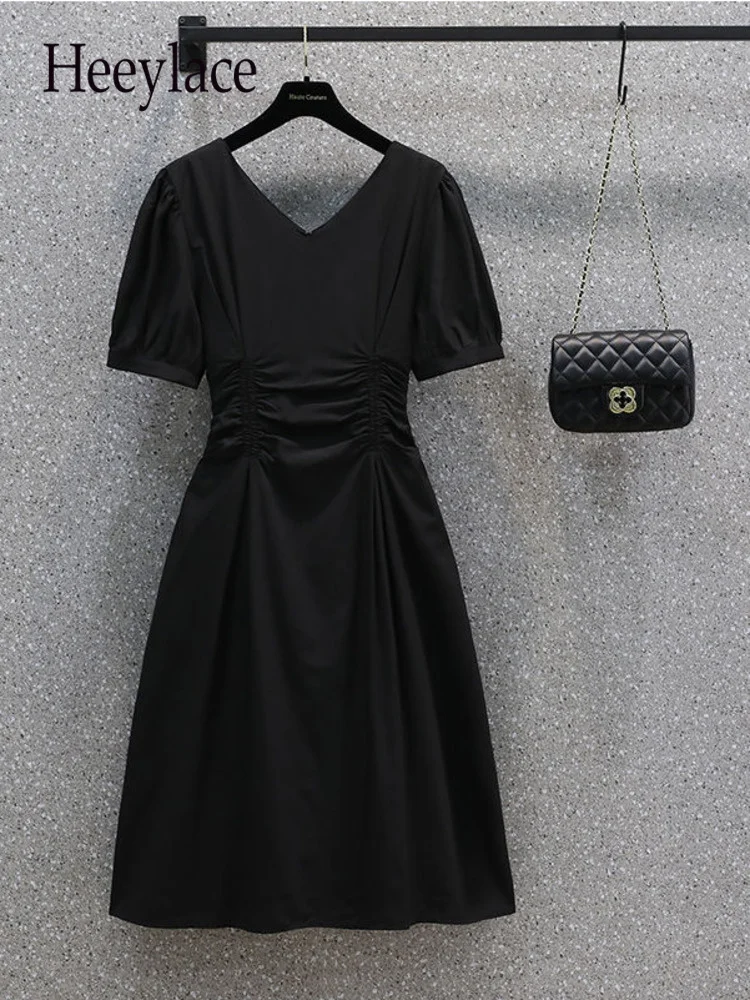 

Women Summer Dresses Office Ladies Elegant Solid Short Sleeve High Waist A-line Pleated Dresses Korean Casual Vestido De Fiesta
