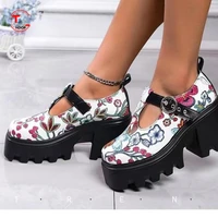 small leather shoes with thick soles 2022 summer fashion print retro large size shoes thick heel platform shoes leisure time