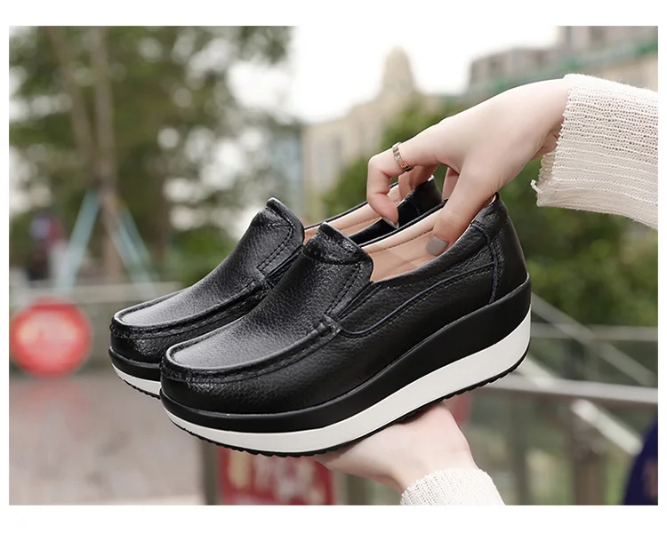 Spring Women's leather shoes Platform Shoes Casual Shoes Breathable Wedge Sneakers white Black Trainers Knitting Shoes Large siz