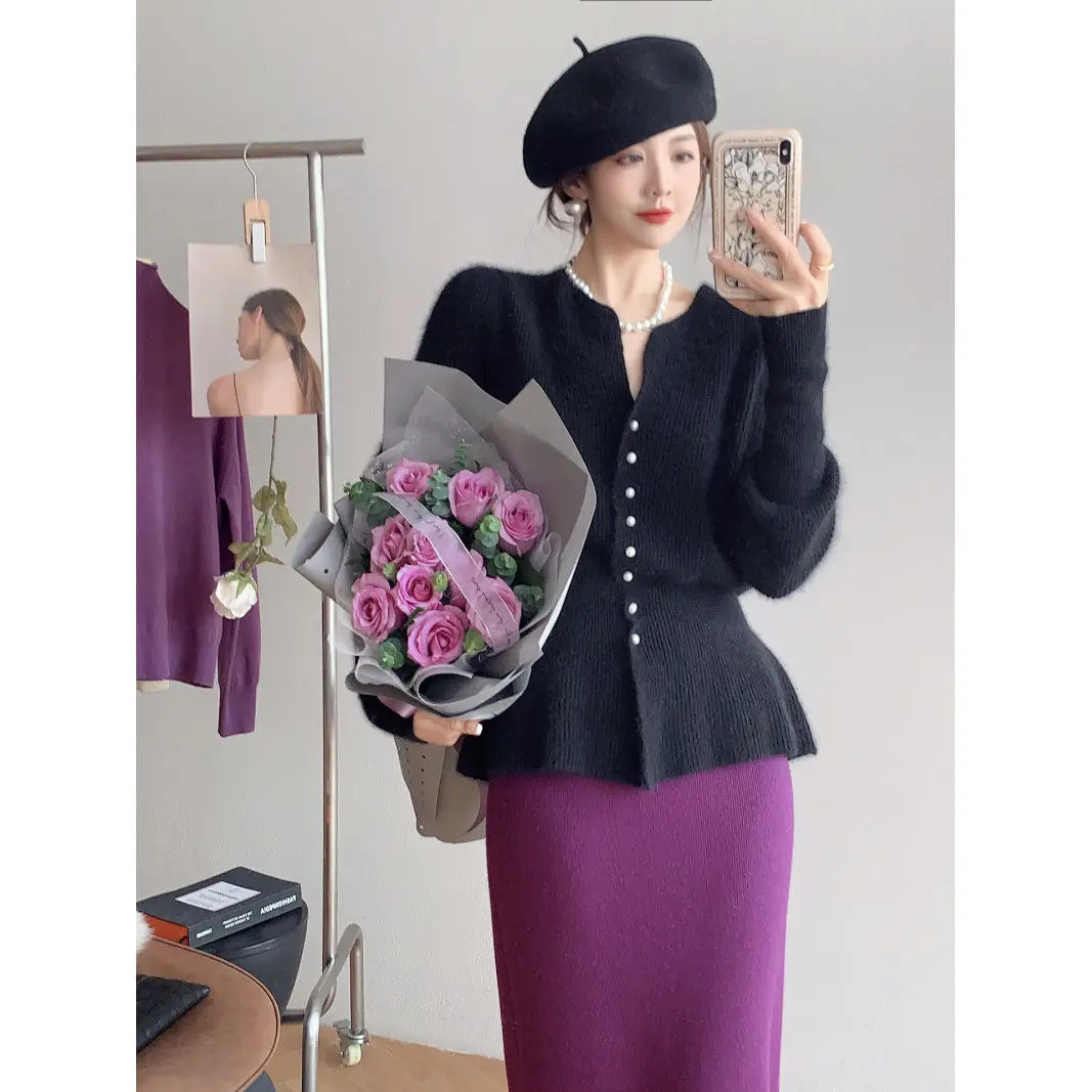 Элегантные вязаные юбки комплект из двух предметов дизайнерский однобортный